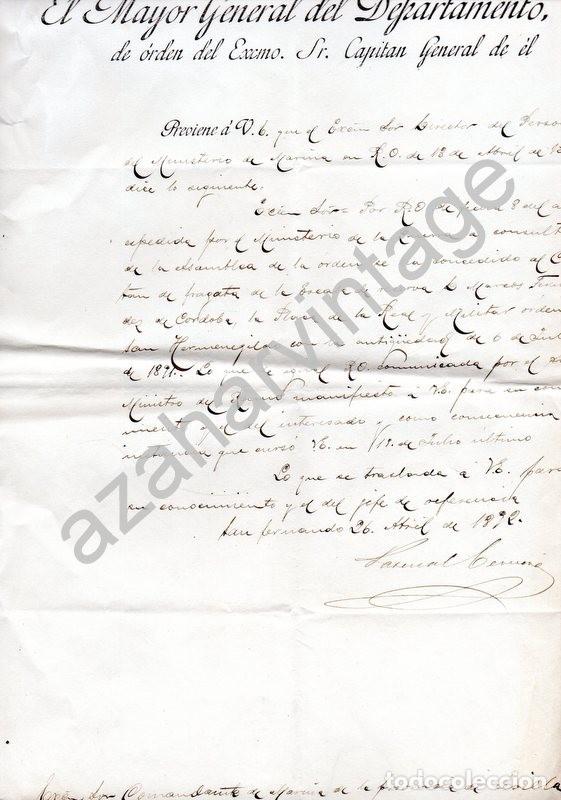 Militaria: SAN FERNANDO, CADIZ,1892, COMUNICACION CONCESION PLACA ORDEN DE SAN HERMENEGILDO A MARINO