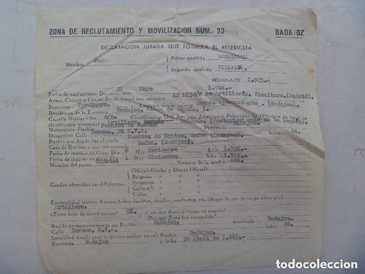 Militaria: ZONA RECLUTAMIENTO N&ordm; 23: DECLARACION JURADA DE ARTILLERO POSTERIORMENTE EN LEGION. BADAJOZ, 1943.