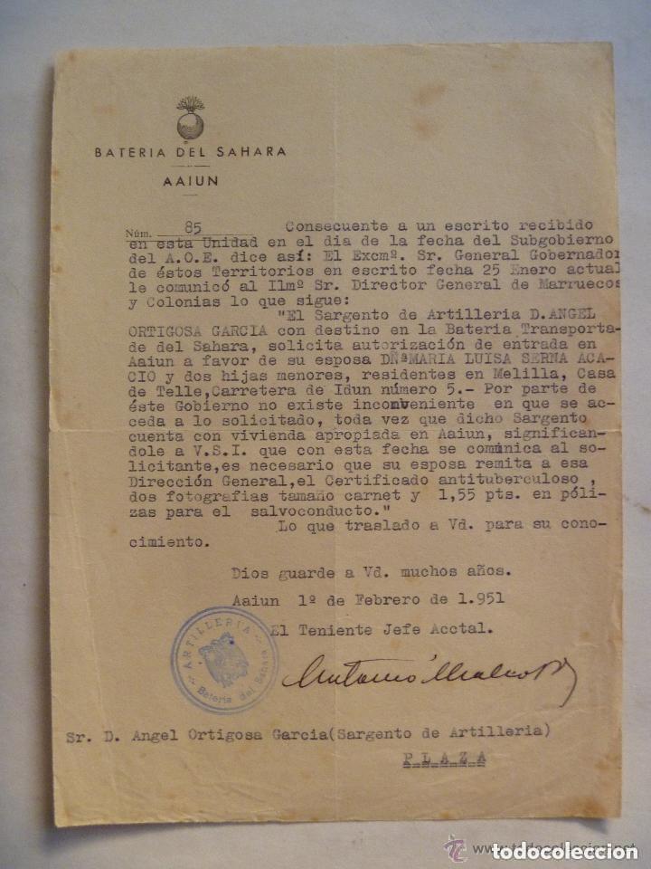 Militaria: BATERIA DEL SAHARA , AAIUN : PERMISO PARA TRASLADO DESDE MELILLA . 1951.