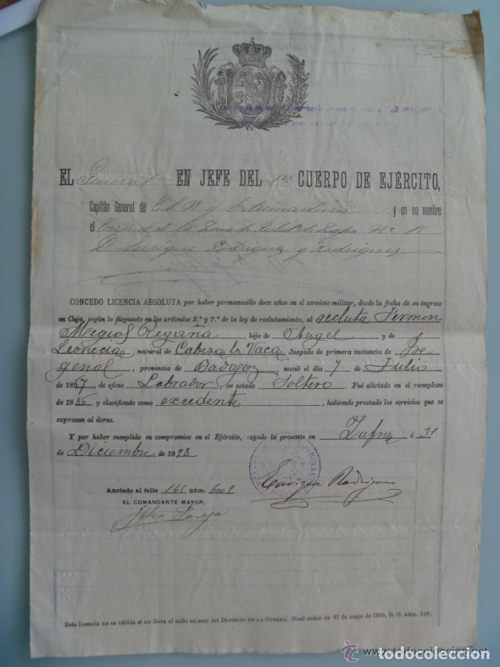 Militaria: LICENCIA ABSOLUTA DE UN SOLDADO EXTREME&Ntilde;O SIGLO XIX ... ZAFRA , 1898
