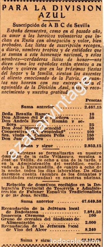 Militaria: SEVILLA, 1942, RECORTE DE PRENSA, DONATIVOS PARA LA DIVISION AZUL
