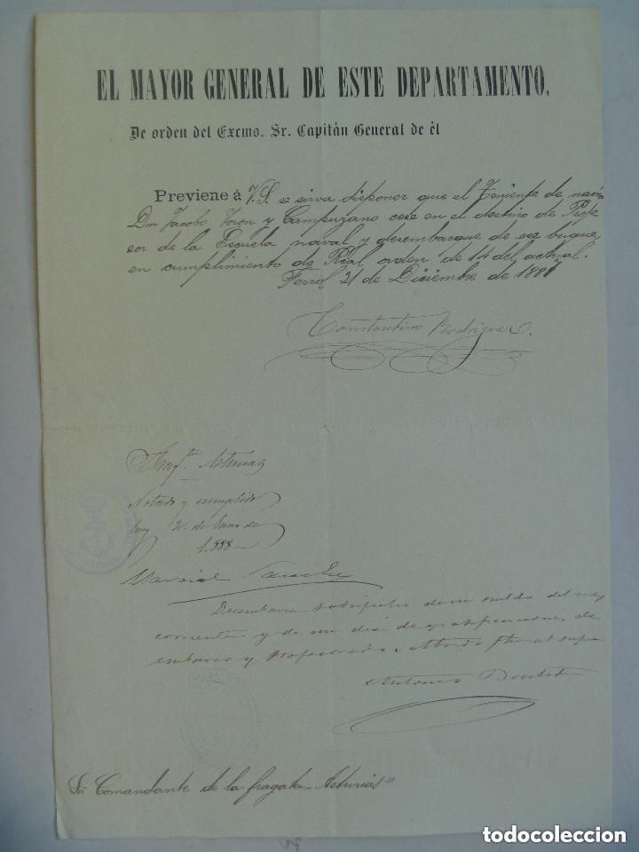 Militaria: EL MAYOR GENERAL : CESE ESCUELA NAVAL Y DESEMBARCO FRAGATA ASTURIAS DE PROFESOR. FERROL 1887.