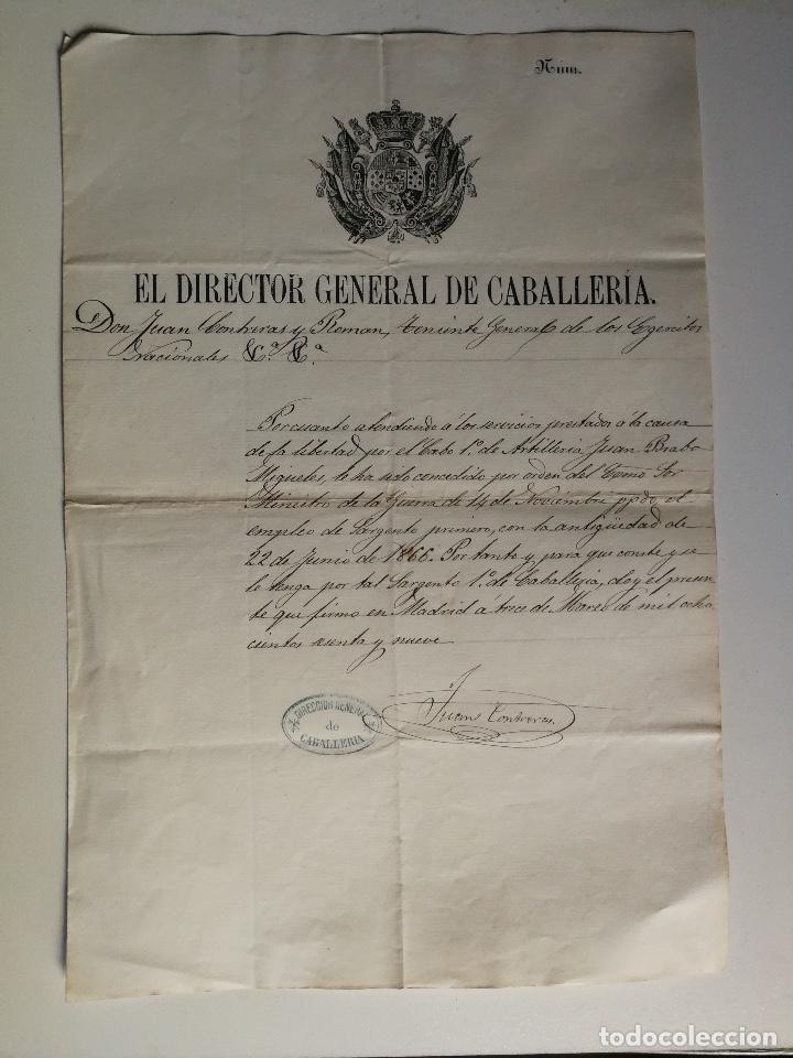 Militaria: DOCUMENTO FIRMADO POR JUAN CONTRERAS ROMAN TENIENTE GENERAL DE LOS EJERCITOS NACIONALES - 1869