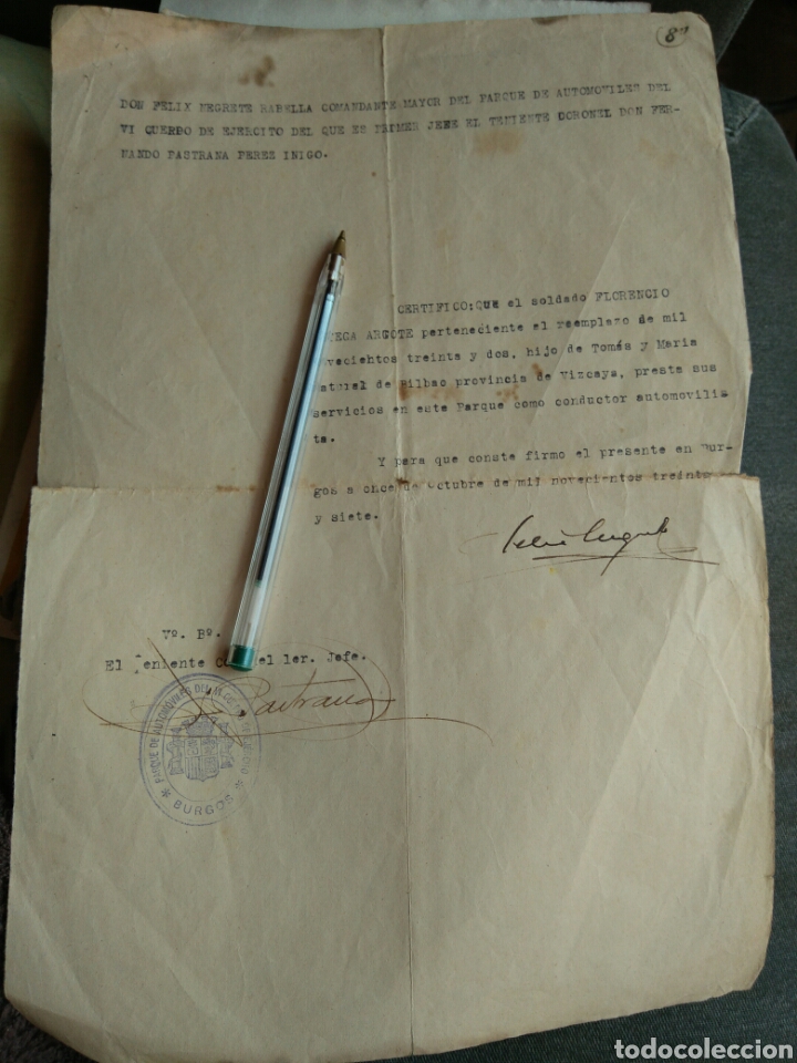 Militaria: Certificado parque autom&oacute;viles ej&eacute;rcito Burgos. A&ntilde;o 1937. Soldado de Bilbao. Teniente Pastrana.
