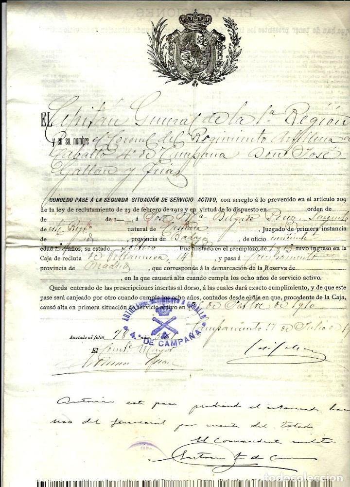 Military Antiques: DOCUMENTO -EL CAPITAN DE LA 1&ordf; REGION DEL Rgto.DE ARTILLERIA da PASE DE SERVICIO ACTIVO -1911
