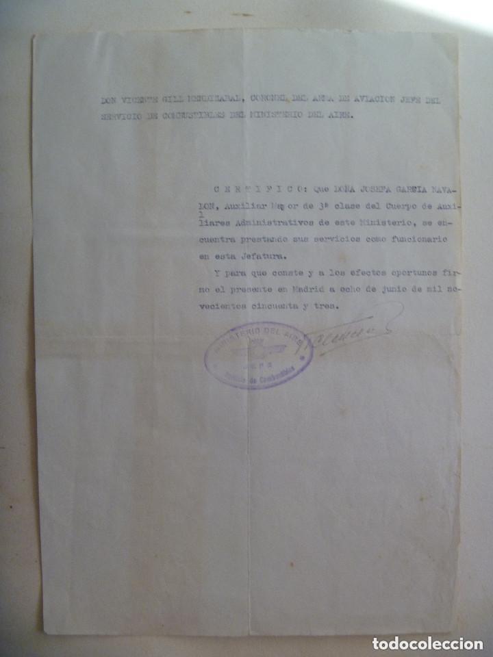 Militaria: EJERCITO DEL AIRE : CERTIFICADO  MUJER FUNCIONARIA DE AVIACION . MADRID, 1953