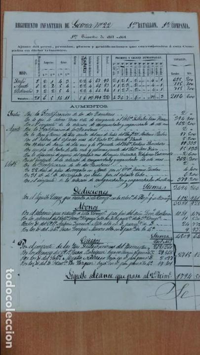Militaria: DOCUMENTO MILITAR. PREMIOS PLUSES Y GRATIFICACIONES DE 1&ordm; TRIMESTRE 1867-1868.
