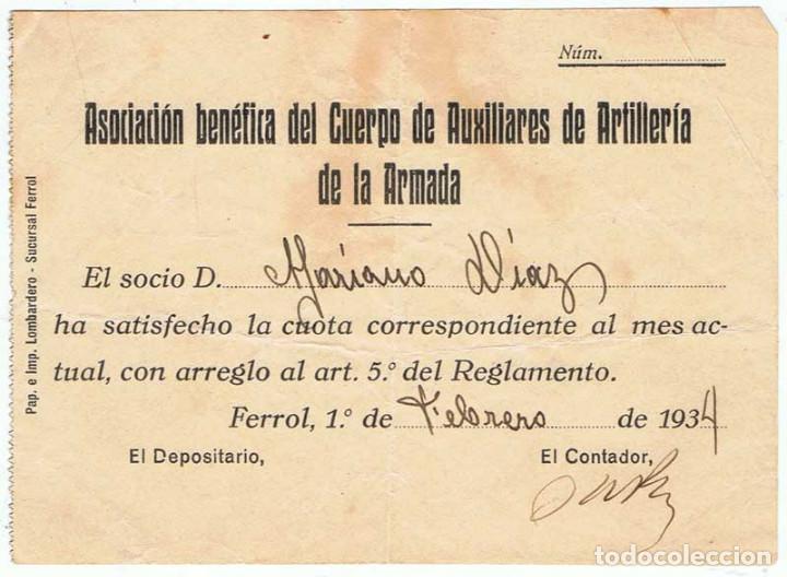 Military Antiques: Recibo de la Asociaci&oacute;n Ben&eacute;fica del Cuerpo de Auxiliares de Artiller&iacute;a de la Armada 1934