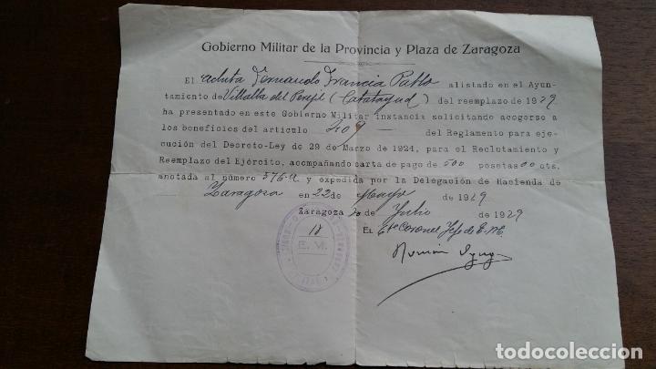 Militaria: INSTANCIA PARA ACOGERSE A BENEFICIOS DEL ART 409. REEMPLAZO DEL EJERCITO. ZARAGOZA 1929