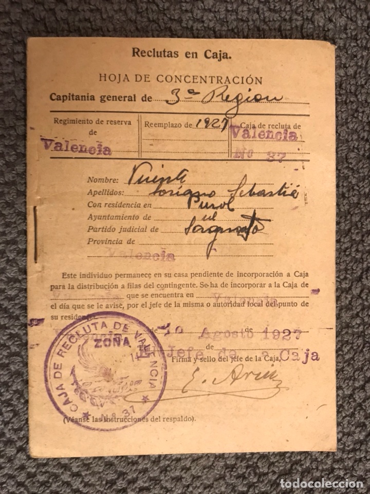 Militaria: PUZOL(Valencia) Hoja de concentraci&oacute;n. Agosto 1927