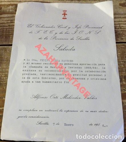 Militaria: SEVILLA, 1954, FALANGE, CARTA AGRADECIMIENTO APORTACION CAMPA&Ntilde;A DE NAVIDAD E INVIERNO