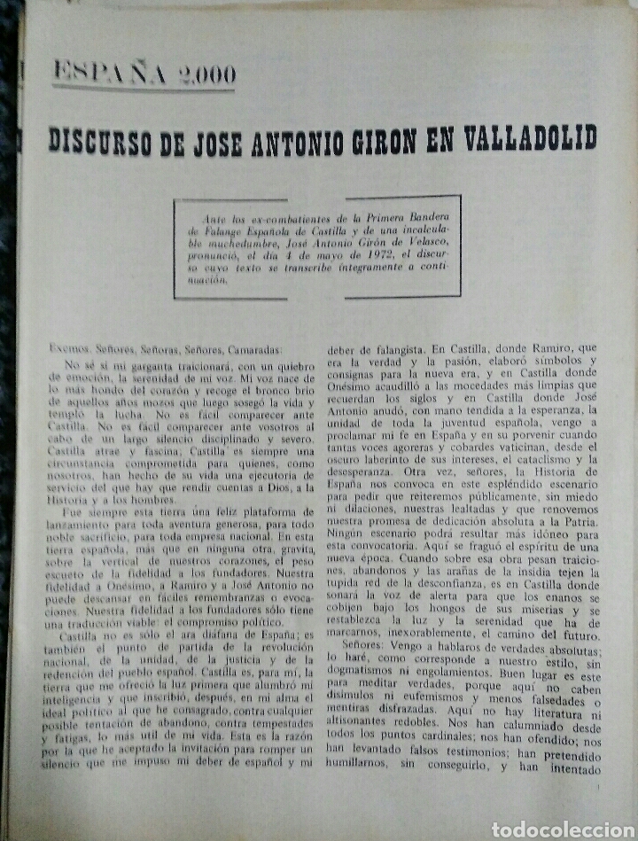 Militaria: Discurso de Jos&eacute; Antonio Gir&oacute;n en Valladolid. Falange Espa&ntilde;ola de Castilla. 1972.