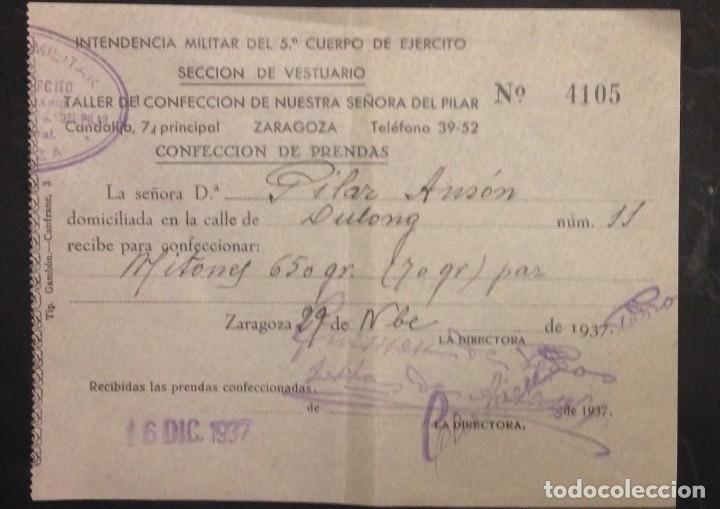 Military Antiques: RECIBO INTENDENCIA MILITAR DEL 5&ordm; CUERPO DE EJERCITO, TALLER CONFECCION 1937 P. ANSON