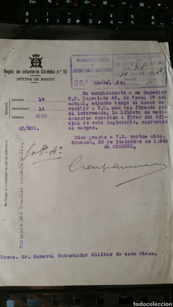 Militaria: Documento del Regimiento infanter&iacute;a C&oacute;rdoba a&ntilde;o 1948