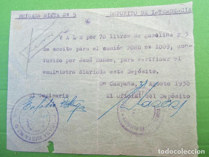 Militaria: vale gasolina , brigada mixta n. 5 , deposito de intendencia , agosto  1938