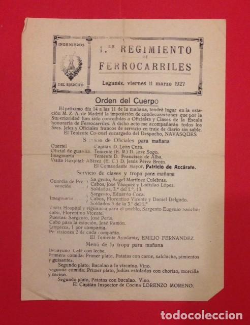 Military Antiques: INGENIEROS, 1&ordm; REGIMIENTO DE FERROCARRILES TREN, 1927, ORDEN DEL CUERPO CON MENU