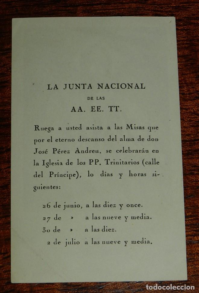 Militaria: RECORDATORIO CARLISTA, D. JOSE PREZ ANDREU, POR LA JUNTA NACIONAL DE LAS AA. EE. TT.MIDE 12 X 7,5 CM