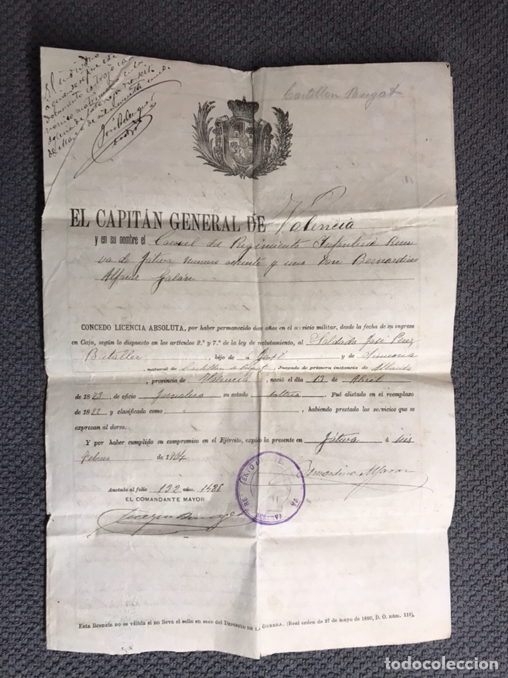 Militaria: CASTELLON DE RUGAT (Valencia) Licenciatura Militar (1892/1904)