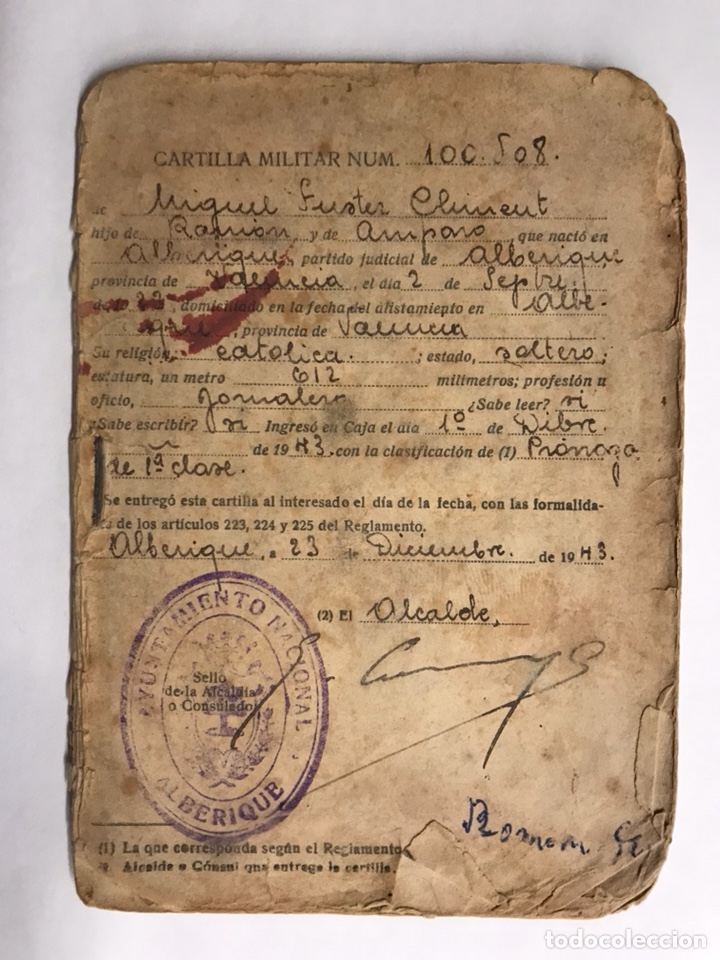 Militaria: ALBERIQUE (Valencia) Cartilla Militar (a.1941)