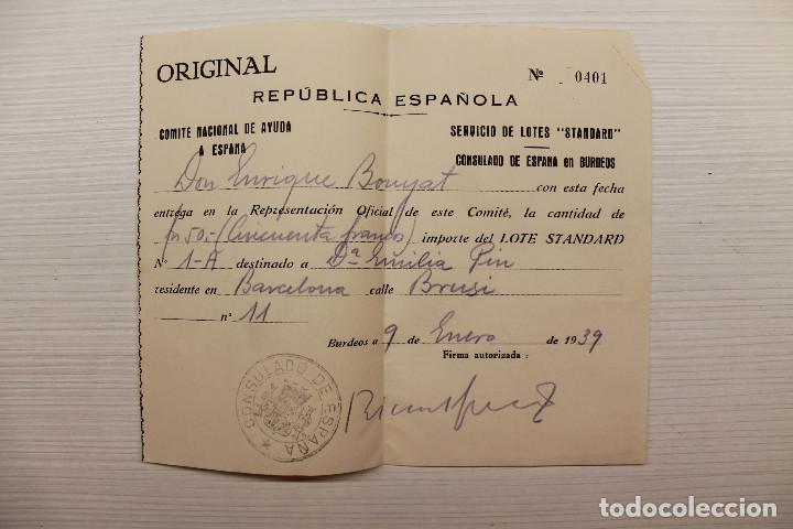 Militaria: COMIT&Eacute; NACIONAL DE AYUDA A ESPA&Ntilde;A, CONSULADO DE ESPA&Ntilde;A EN BURDEOS, 1939