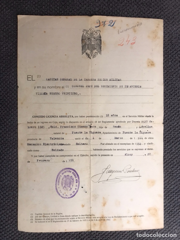 Militaria: FUENTE LA HIGUERA. (Valencia) . Licencia Militar Reemplazo 1932