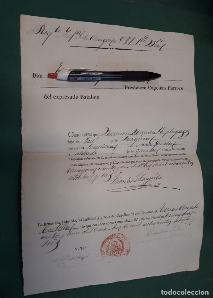 Militaria: Documento tama&ntilde;o folio, certificado militar de solter&iacute;a, 1876, Lleida