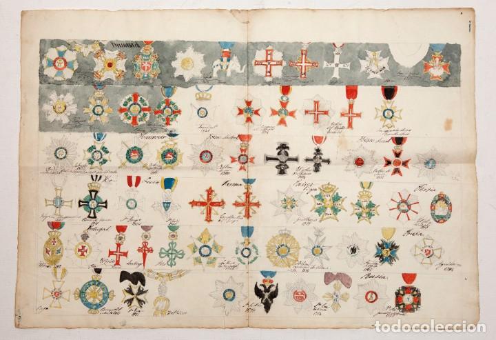 Militaria: TIPOS DE CRUCES E INSIGNIAS - ACUARELA ORIGINAL - C. 1900