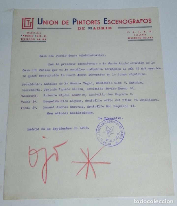 Militaria: DOCUMENTO DE LA UNION DE PINTORES ESCENOGRAFOS DE MADRID, 22 DE SEPTIEMBRE DE 1938, PLENA GUERRA CIV