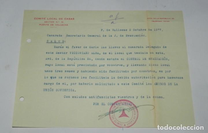 Militaria: COMITE LOCAL DE CASAS, PUENTE DE VALLECAS, OCTUBRE DE 1937, PLENA GUERRA CIVIL, DIRIGIDA AL CAMARADA