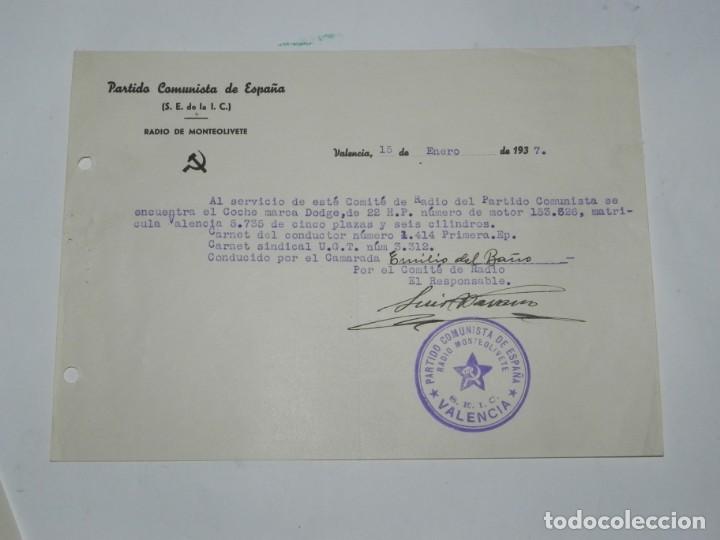 Militaria: PARTIDO COMUNISTA DE ESPA&Ntilde;A, RADIO DE MOTEOLIVETE, VALENCIA ENERO 1937, CON SELLO DEL PARTIDO Y FIRM
