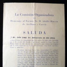 Militaria: SALUDA HOMENAJE ADOLFO RINCON DE ARELLANO. CONCESIÓN MEDALLA GRAN CRUZ MERITO CIVIL. VALENCIA 1950
