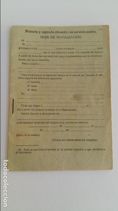 Military Antiques: CARTILLA HOJA DE MOVILIZACION. PRIMERA Y SEGUNDA SITUACION DE SERVICIO ACTIVO. MILITAR. SIN USO