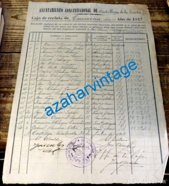 Militaria: CASTILLEJA DE LA CUESTA, 1919, RELACION DE MOZOS DECLARADOS SOLDADOS, CAJA RECLUTA CARMONA