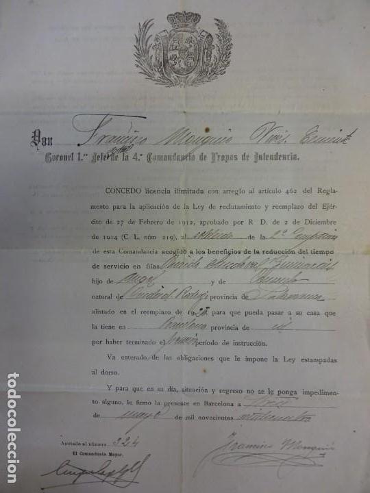 Militaria: Concesi&oacute;n de LICENCIA ILIMITADA Soldado 4&ordf; Comandancia Tropas Intendencia. Barcelona 1924