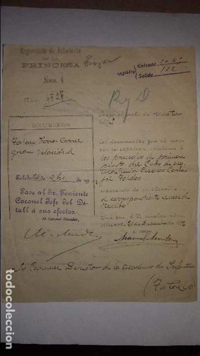 Militaria: antigua hoja de regimiento de infanteria de la princesa a&ntilde;o 1913