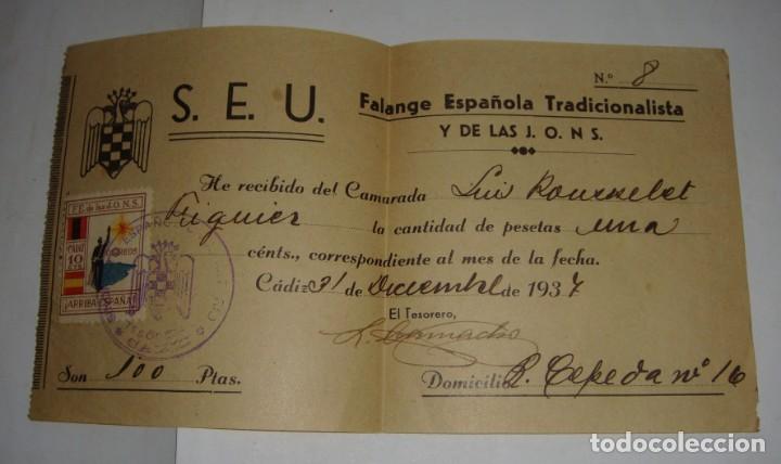 Militaria: Recib&iacute; de Falange Espa&ntilde;ola Tradicionalista. 31/12/1937. Con sello de 10 cts. J.O.N.S de C&aacute;diz.