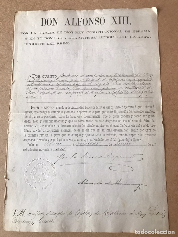 ASCENSO FIRMADO REINA REGENTE MINISTRO DEL GUERRA Y VALERIANO WEYLER 1897 (Militar - Propaganda y Documentos)