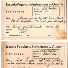 Militaria: GUERRA CIVIL ESPAÑOLA,2 FICHAS LIBRO BIBLIOTECA,ESCUELA POPULAR INSTRUCTORES DE GUERRA,REPUBLICA