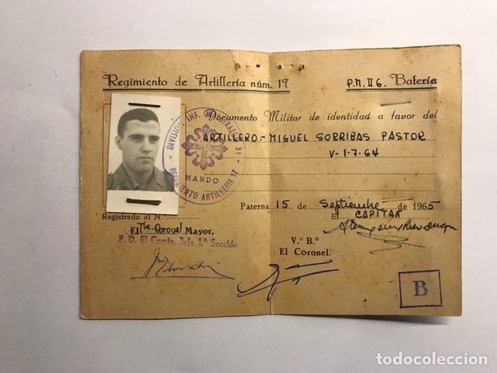 Militaria: MILITAR. Documento de Identidad. Regimiento de Artiller&iacute;a No.17 VALENCIA (a.1965)