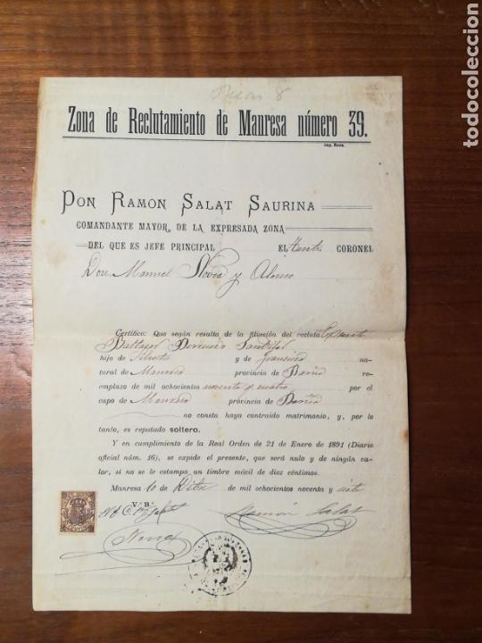 Militaria: ZONA RECLUTAMIENTO MANRESA. CERTIFICADO RECLUTA SOLTERO. 1897