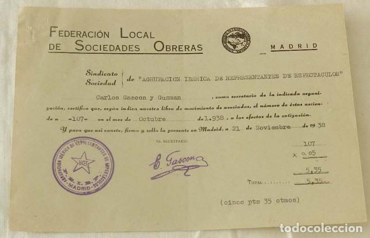 Militaria: DOCUMENTO DE LA FEDERACION LOCAL DE SOCIEDADES OBRERAS DE MADRID, SINDICATO DE LA AGRUPACION DE REPR