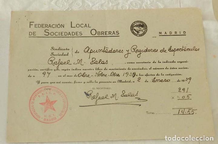 Militaria: DOCUMENTO DE LA FEDERACION LOCAL DE SOCIEDADES OBRERAS DE MADRID, SINDICATO DE APUNTADORES Y REGIDOR