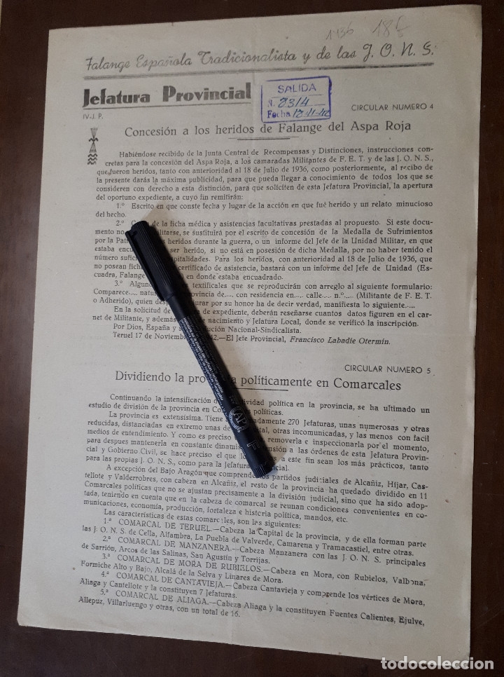 Militaria: Documento sobre la concesion a los heridos de falange del aspa roja