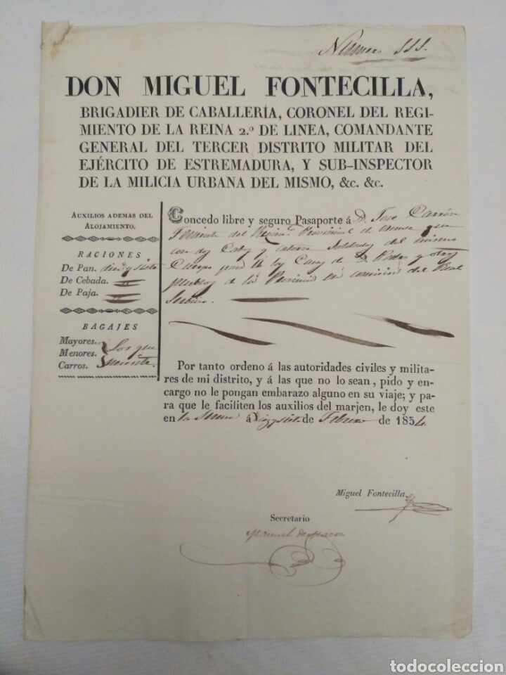 Militaria: Concesi&oacute;n de libre pasaporte, a&ntilde;o 1834. - Foto 1