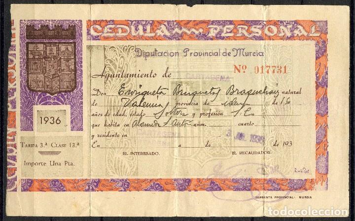 Militaria: GUERRA CIVIL, DOCUMENTO, C&Eacute;DULA PERSONAL, 1936, 1938, CARTAGENA, MURCIA
