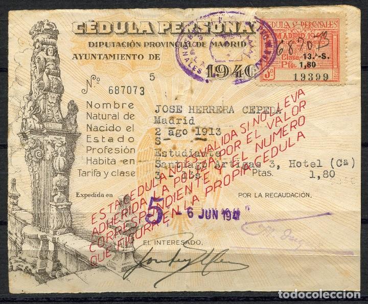 Militaria: POSGUERRA, DOCUMENTO, VI&Ntilde;ETA, C&Eacute;DULA PERSONAL, VALOR: 1,80 PTS, 1940, MADRID