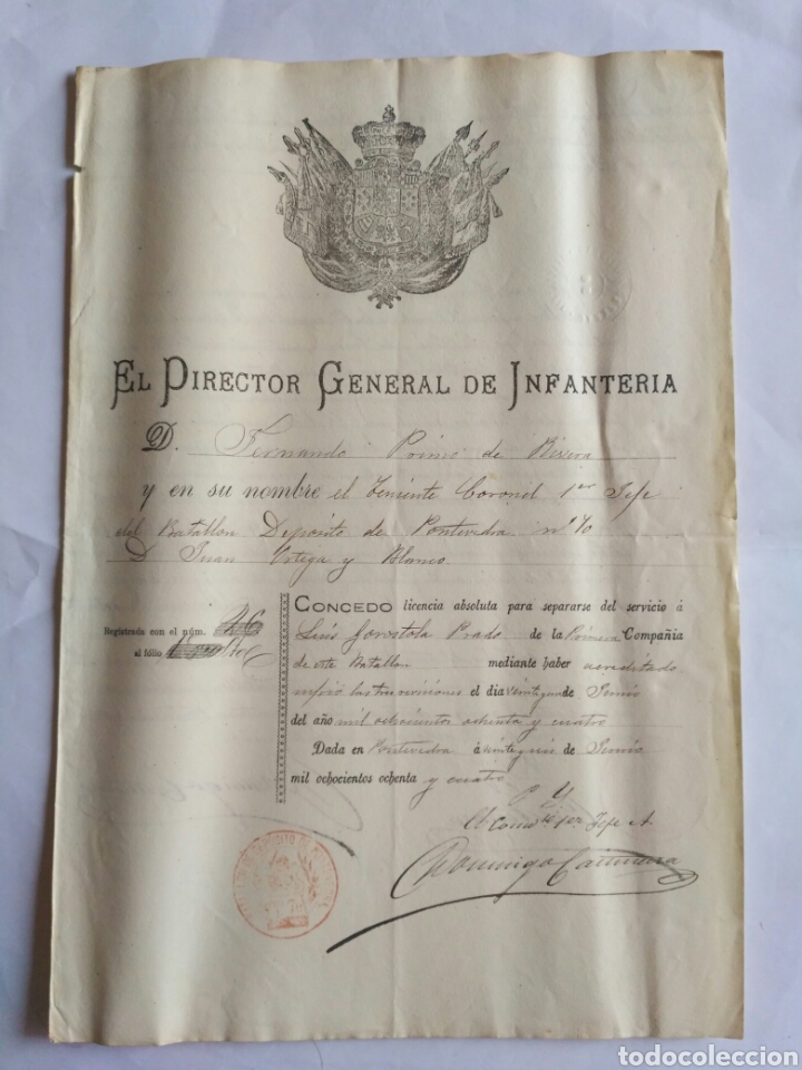 Militaria: Documento.Licencia absoluta para separarse del servicio militar, Pontevedra 1884.