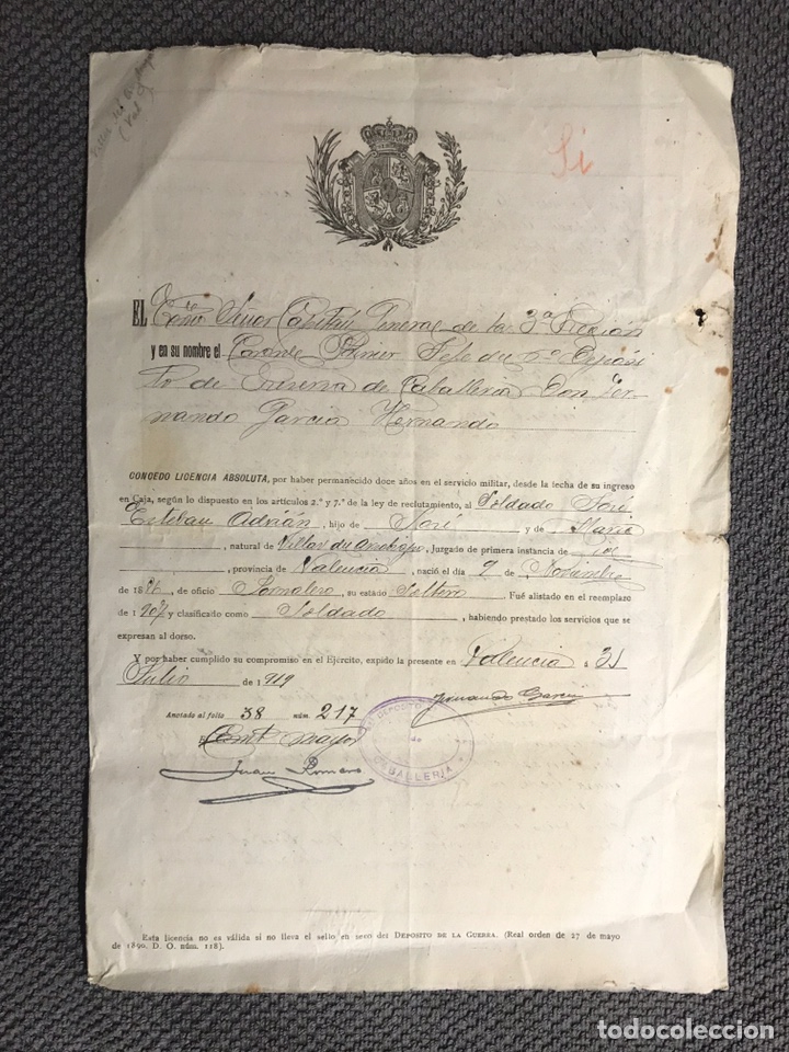 Militaria: MILITAR. El Capit&aacute;n General de la 3a. Regi&oacute;n Militar. Concedo pase a la situaci&oacute;n de reserva (a.1919