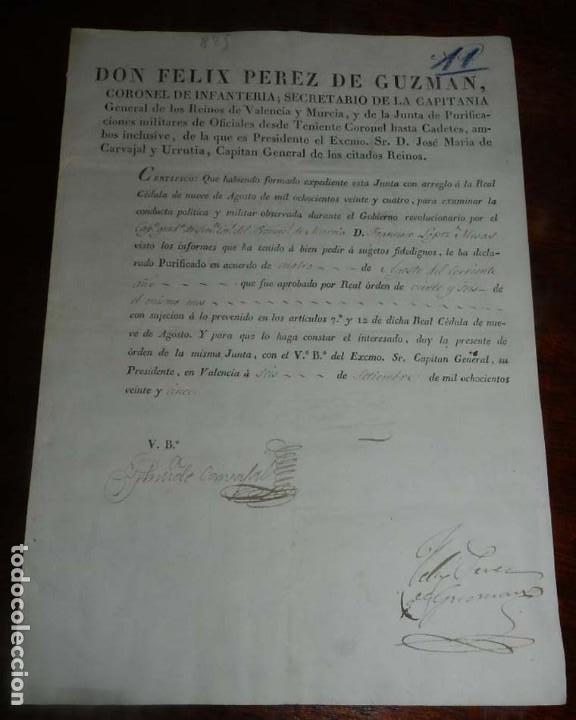 Militaria: 1825 VALENCIA, EPOCA DE FERNANDO VII, CERTIFICADO DE DECLARACION DE PURIFICACION A CAPITAN, CON ARRE