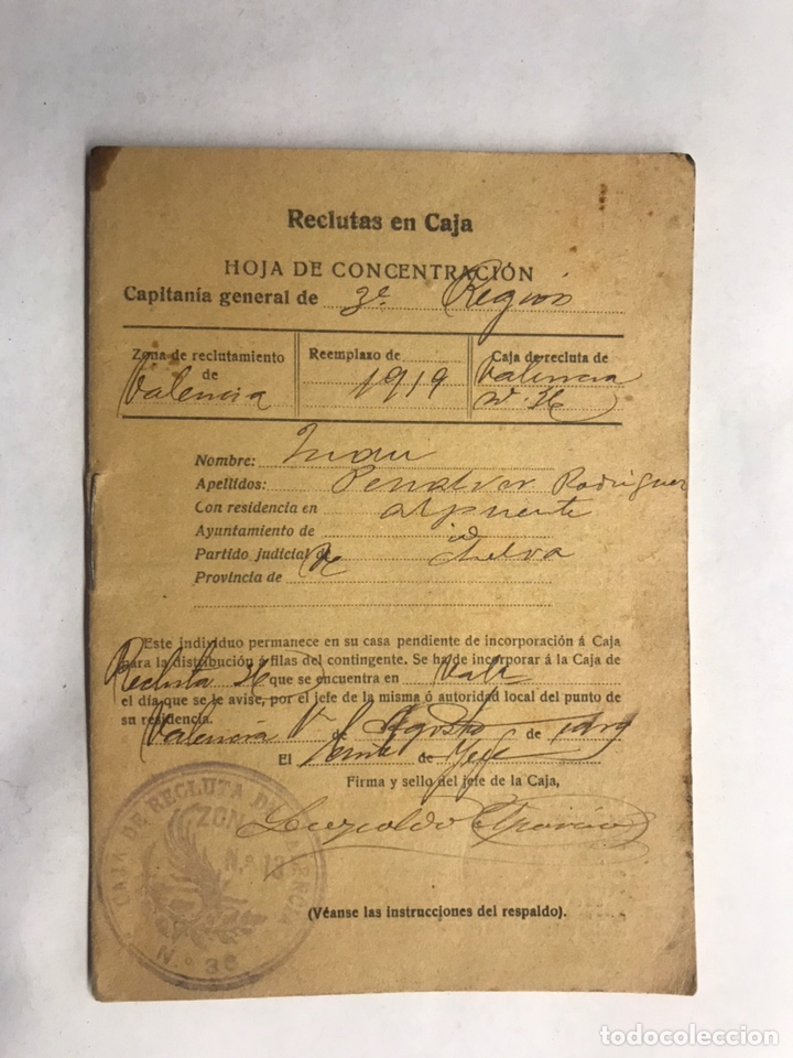Militaria: MILITAR. Valencia. Reclutas en Caja. Hoja de Concentraci&oacute;n (a.1919) Vecino de Alpuente